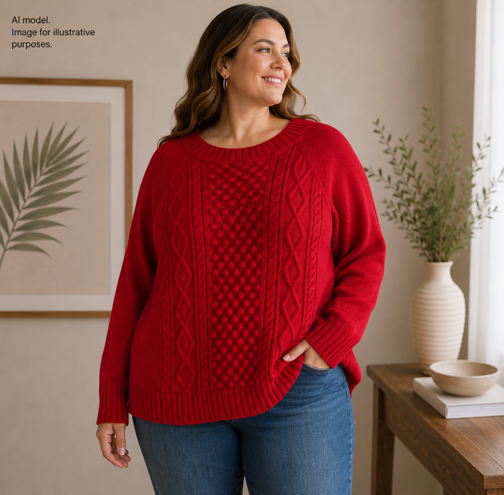 Ralph Lauren Chaps Sweater Women 3X Red Chunky Cable Knit Fisherman Ribbed Crew